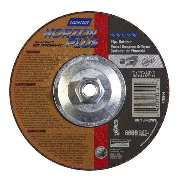 Norton Co Grinding Wheel, Depressed Center, Type 27 - Metal - NorZon Plus, 7 x 1/8 x 5/8-11, Max RPM: 8600 662529-39184 - main